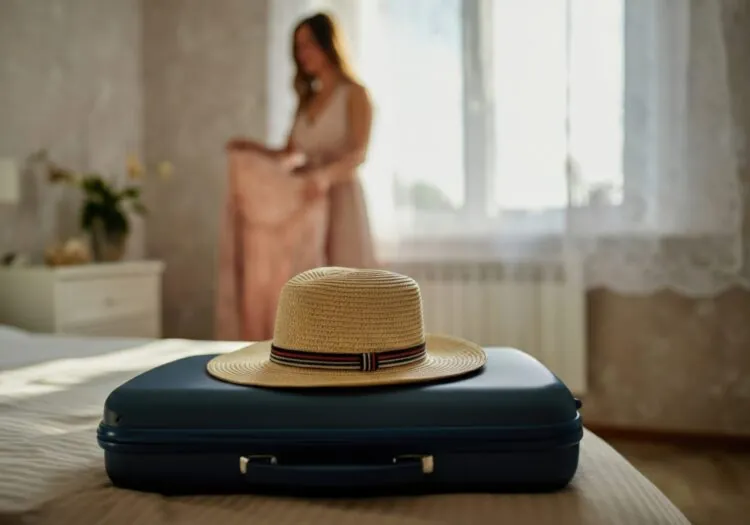 Suitcase on a bed with straw hat, guest unpacking in background