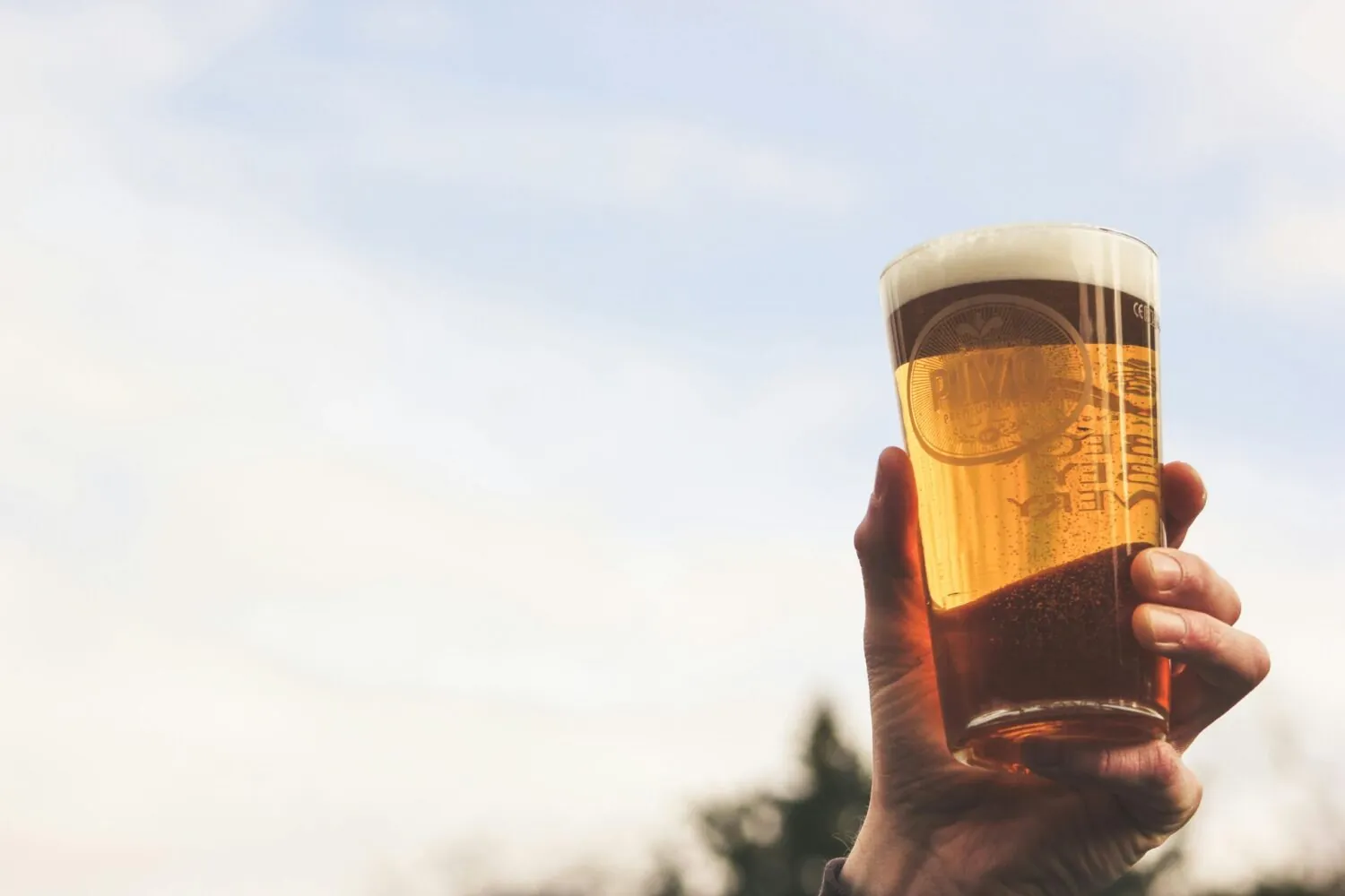 Hand holding a pint of cold lager raised against a bright sky