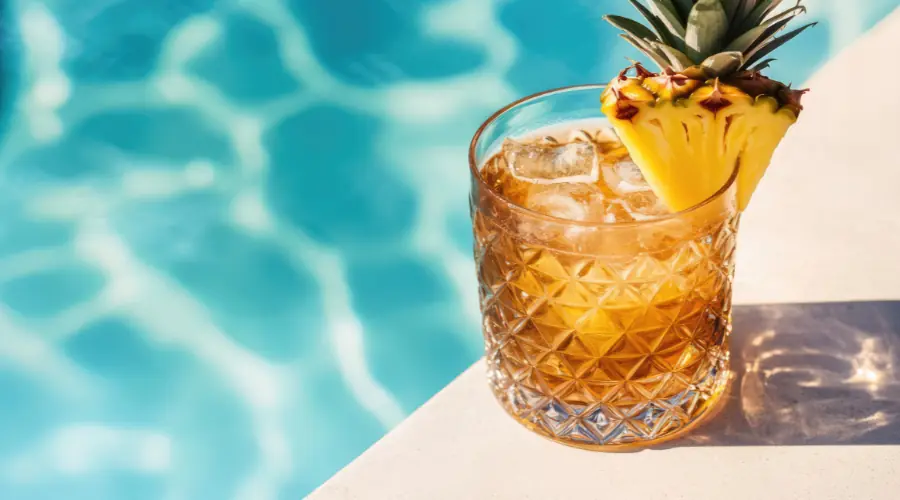 Cocktail with pineapple garnish on poolside ledge in sunlight